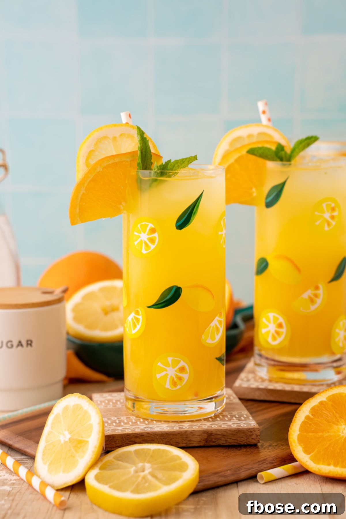 Sunkissed Orangeade 2 Two glasses of homemade orangeade, garnished with orange and lemon slices, resting on coasters with fresh citrus fruits scattered around.