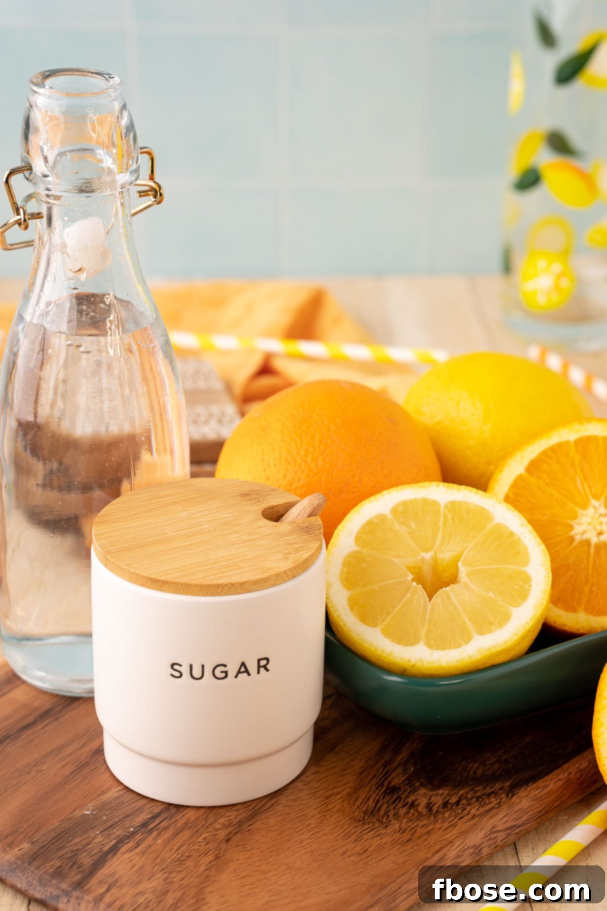 Sunkissed Orangeade 4 Fresh oranges, lemons, a pitcher of water, and a bottle of simple syrup laid out on a wooden table, ready for making orangeade.