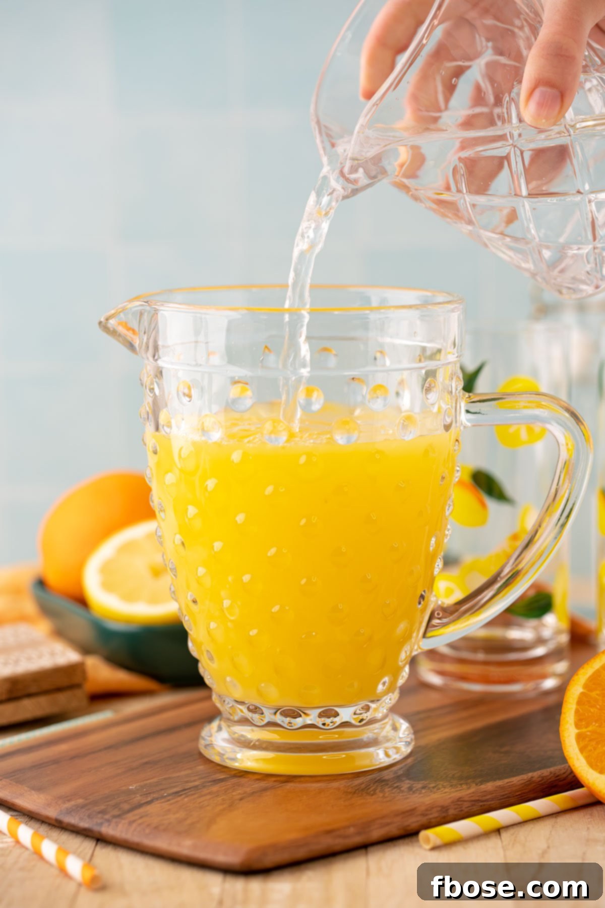 Sunkissed Orangeade 5 Water being poured from a glass pitcher into another pitcher containing orange and lemon juice, illustrating the mixing process for orangeade.