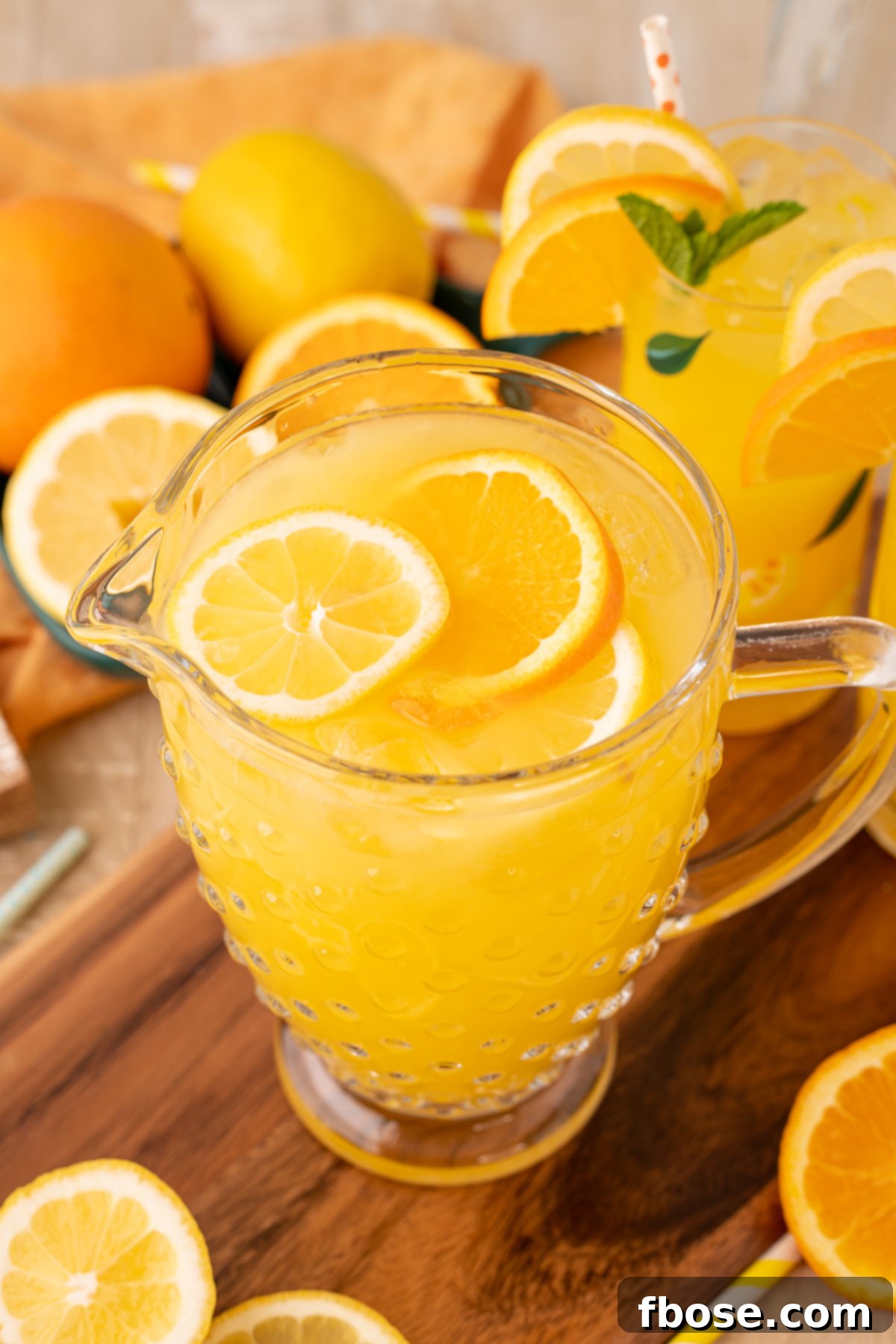 Sunkissed Orangeade 6 A large glass pitcher filled with vibrant orangeade, garnished with orange slices and mint, sitting on a rustic wooden serving board.