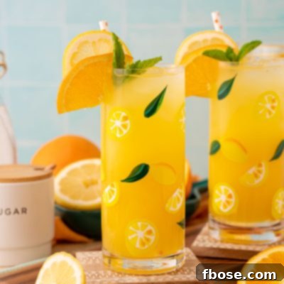 Two glasses of homemade orangeade on coasters with citrus around them.