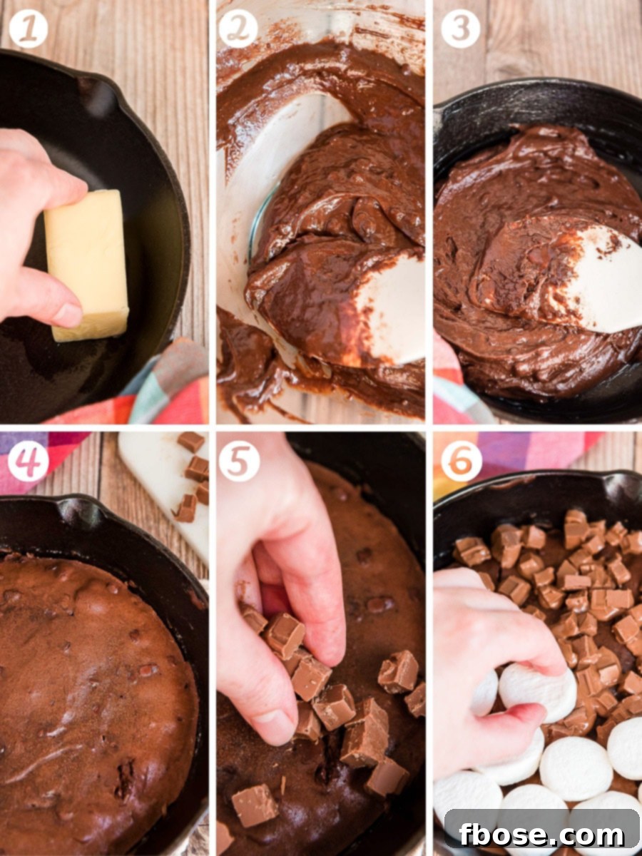 Step-by-step photo collage for how to make brownie s'mores dip.