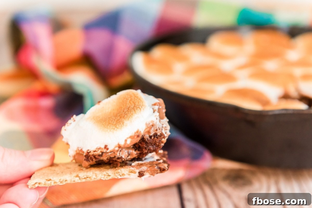Close up photo of a bite of brownie s'mores dip on a graham cracker.