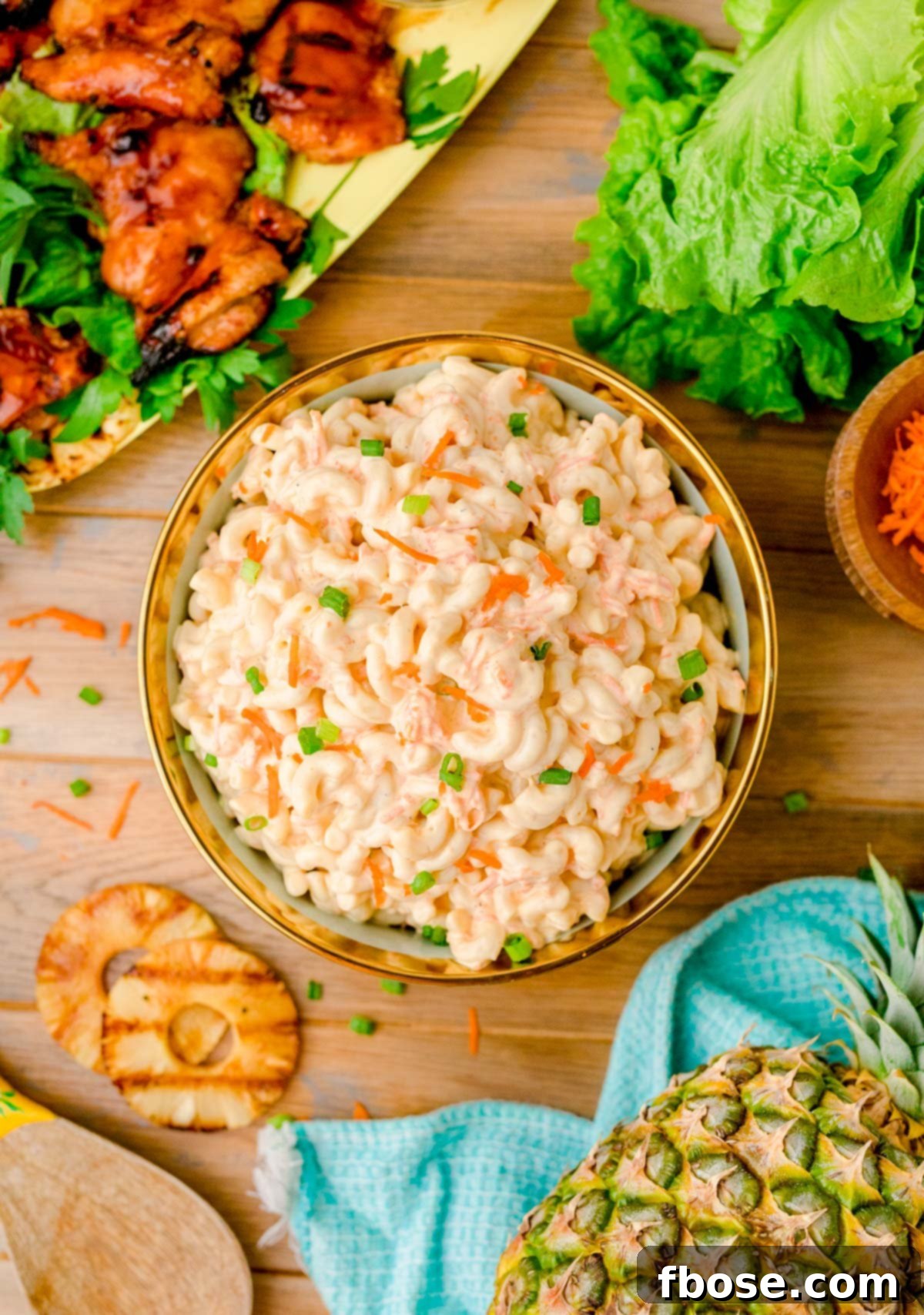 Overhead photo of Hawaiian Macaroni Salad, showcasing its creamy texture and vibrant color.
