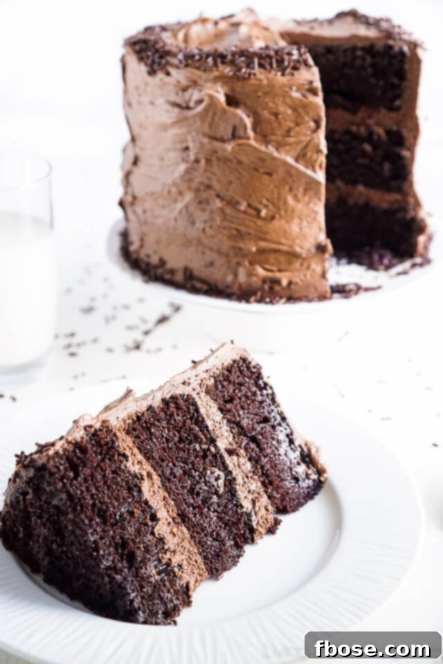 A top-down view of the frosted Black Magic Chocolate Cake, showcasing its beautiful finish.