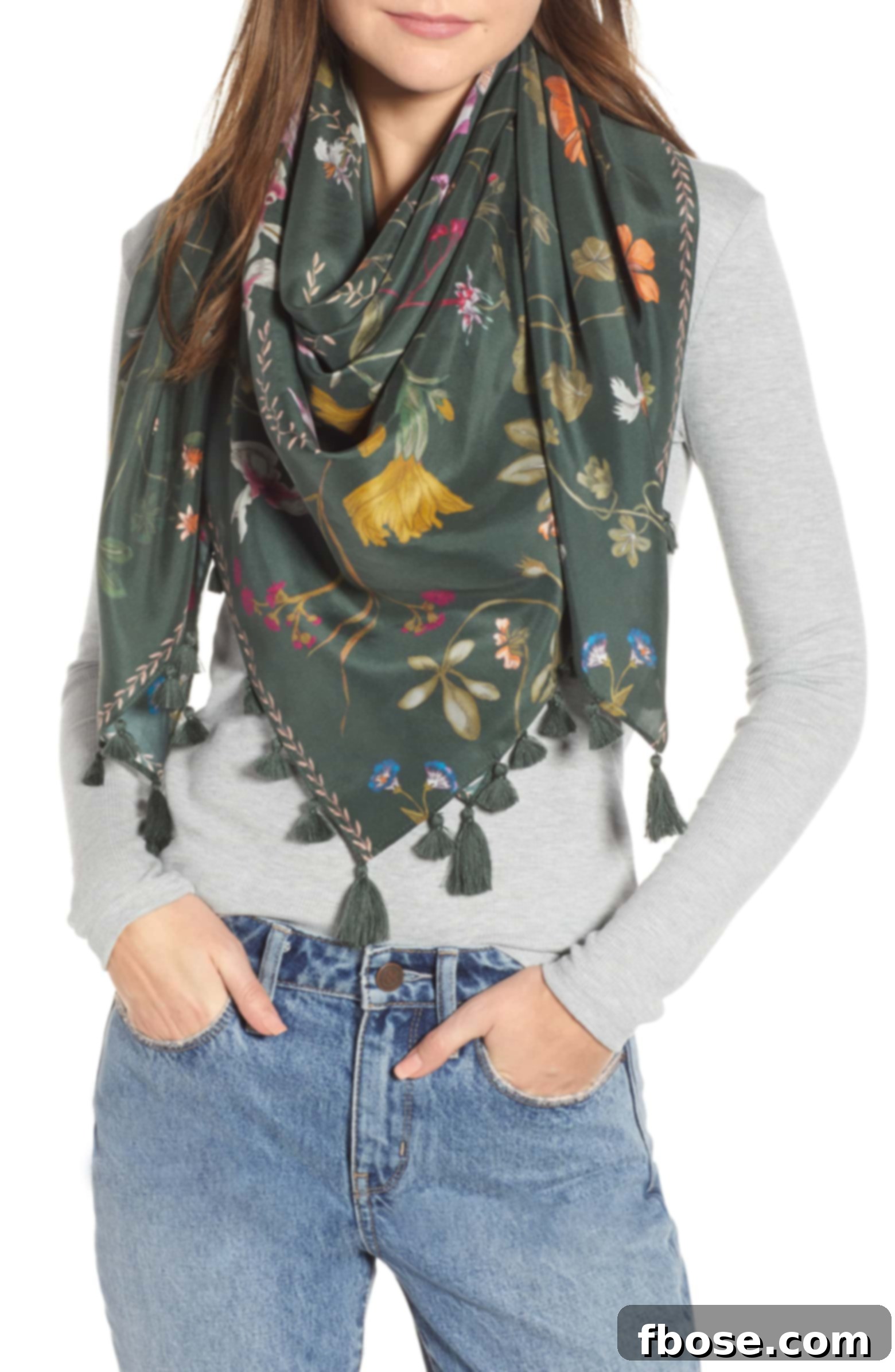 Vibrant Floral Print Tassel Silk Scarf, a lightweight and colorful accessory to brighten any look.