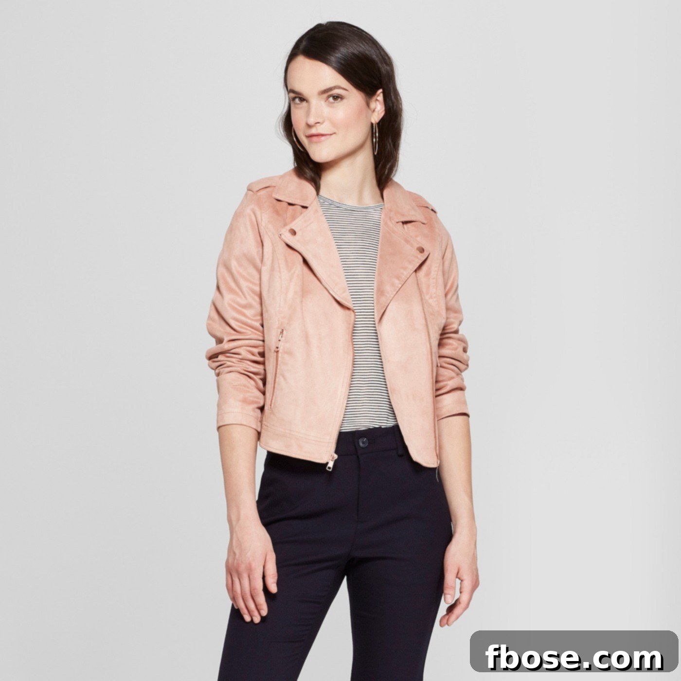 Stylish faux suede moto jacket, a wardrobe staple for an edgy yet chic look. Perfect for elevating casual or dressy outfits.
