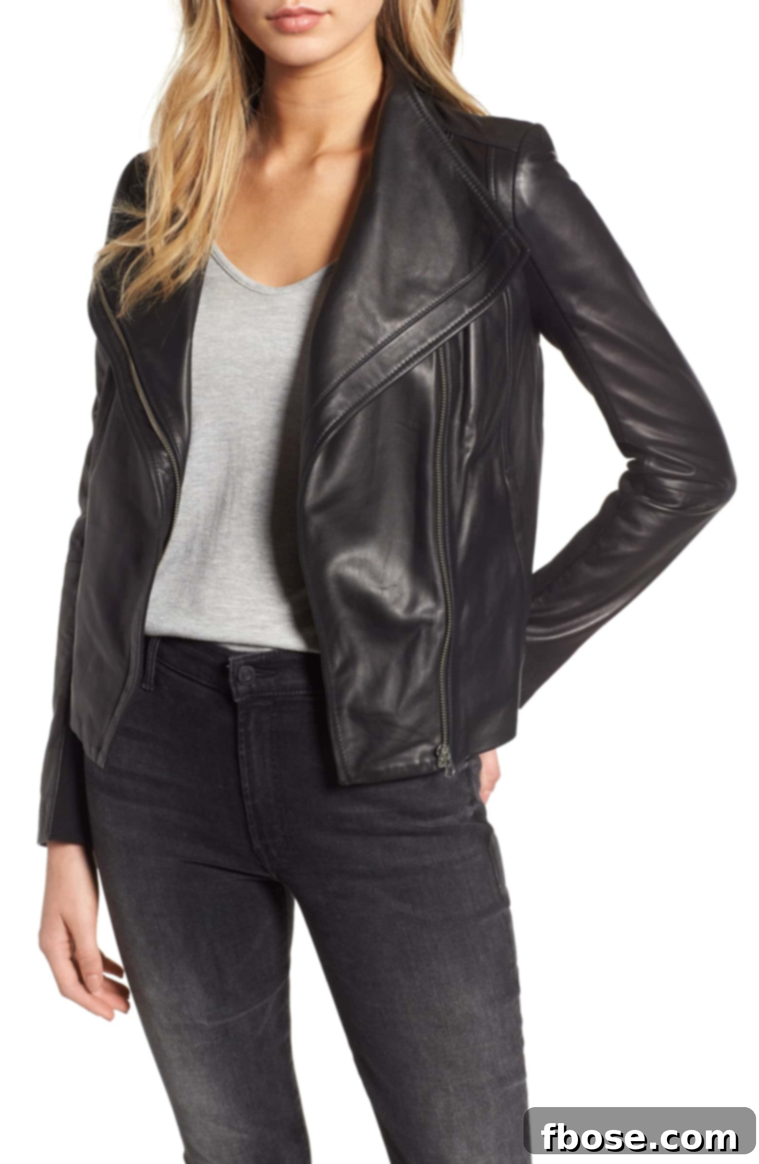 Timeless leather moto jacket, a powerful fashion staple for adding an edgy and sophisticated touch to any outfit.