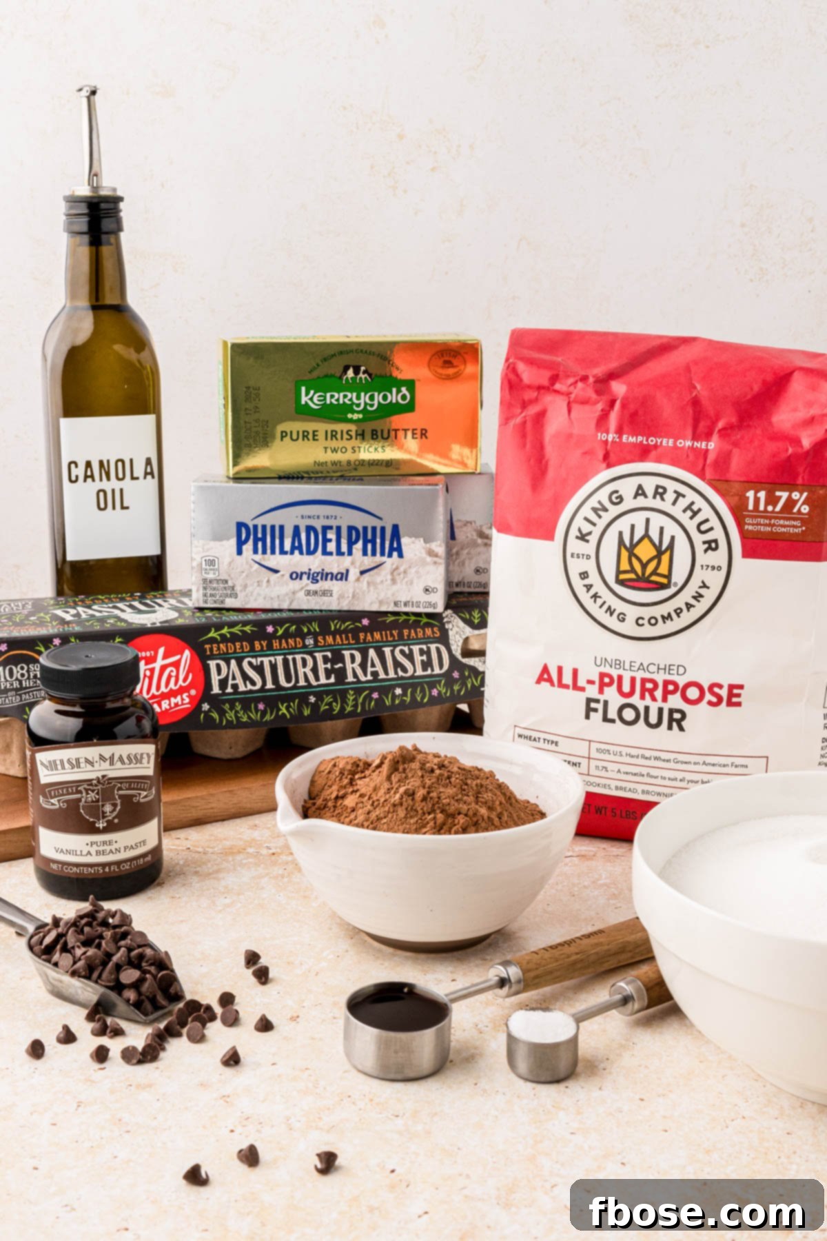 Ingredients to make cream cheese brownies on a table.