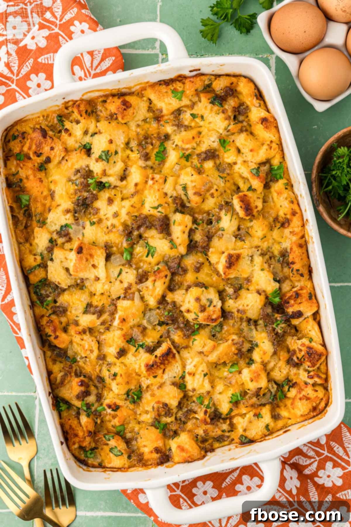 Overhead photo of a golden brown Overnight Breakfast Sausage Strata on a green textured surface, ready to be served.