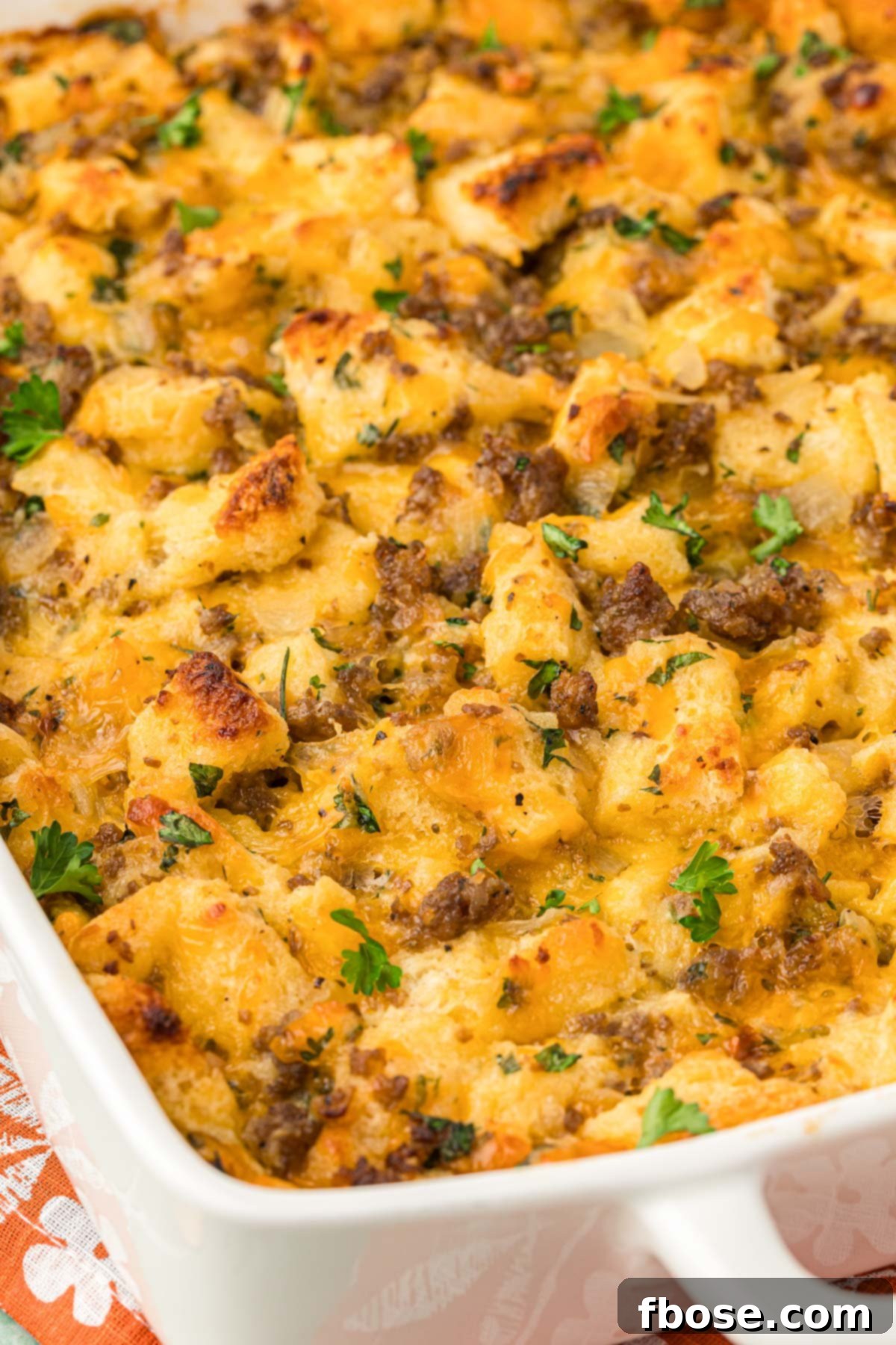 A close-up view of the golden-brown crust and rich interior of a Sausage Breakfast Strata casserole in a pan, highlighting its appealing texture.