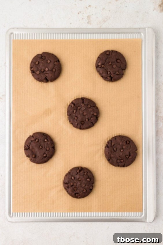 Baked chocolate cookies on a cookie sheet.