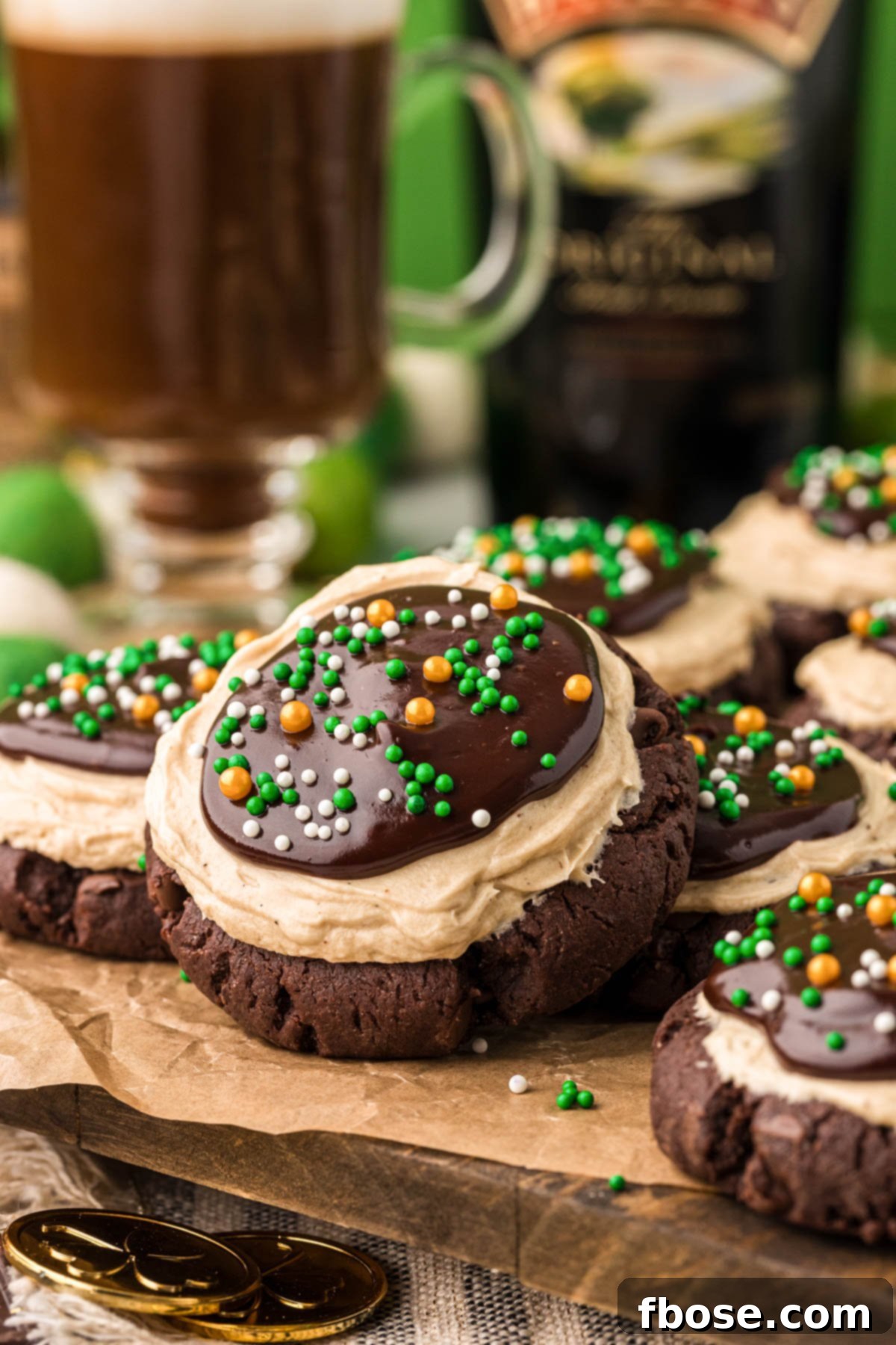 Irish Cream chocolate cookies on a piece of parchment paper. 