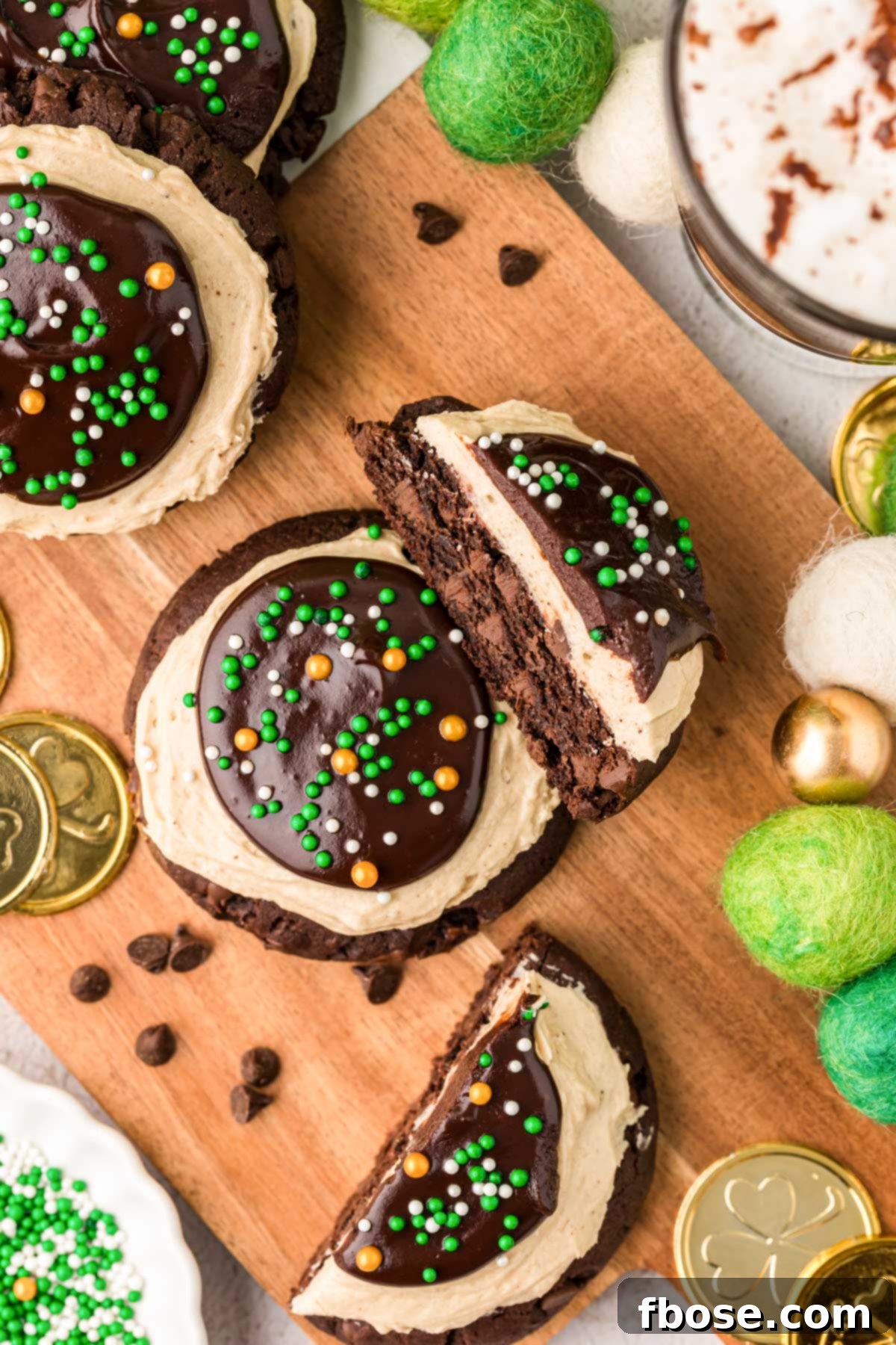 Overhead photo of Irish cream coffee cookies on a wooden cutting board.