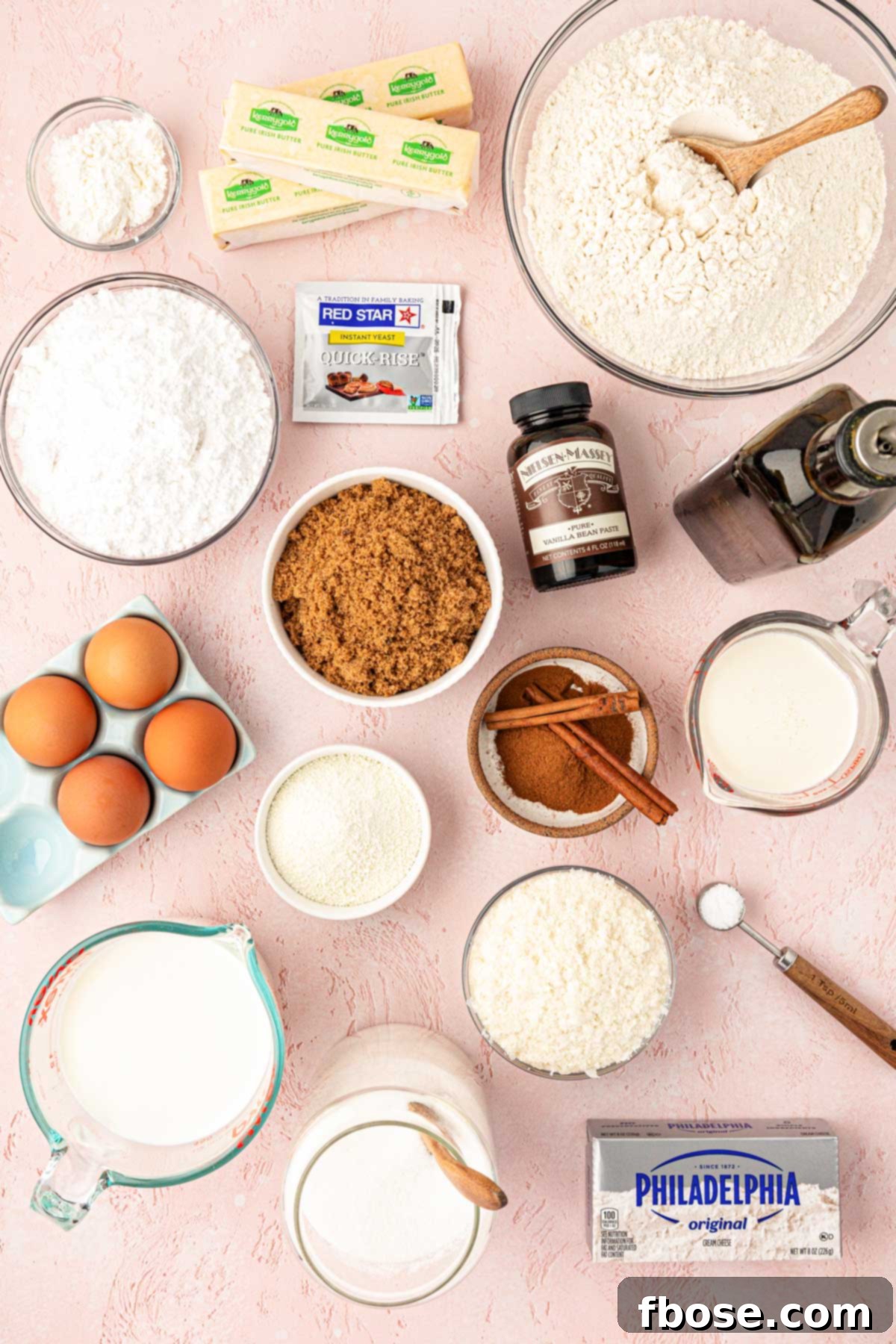 Ingredients to make Amish Cinnamon Rolls on a table.