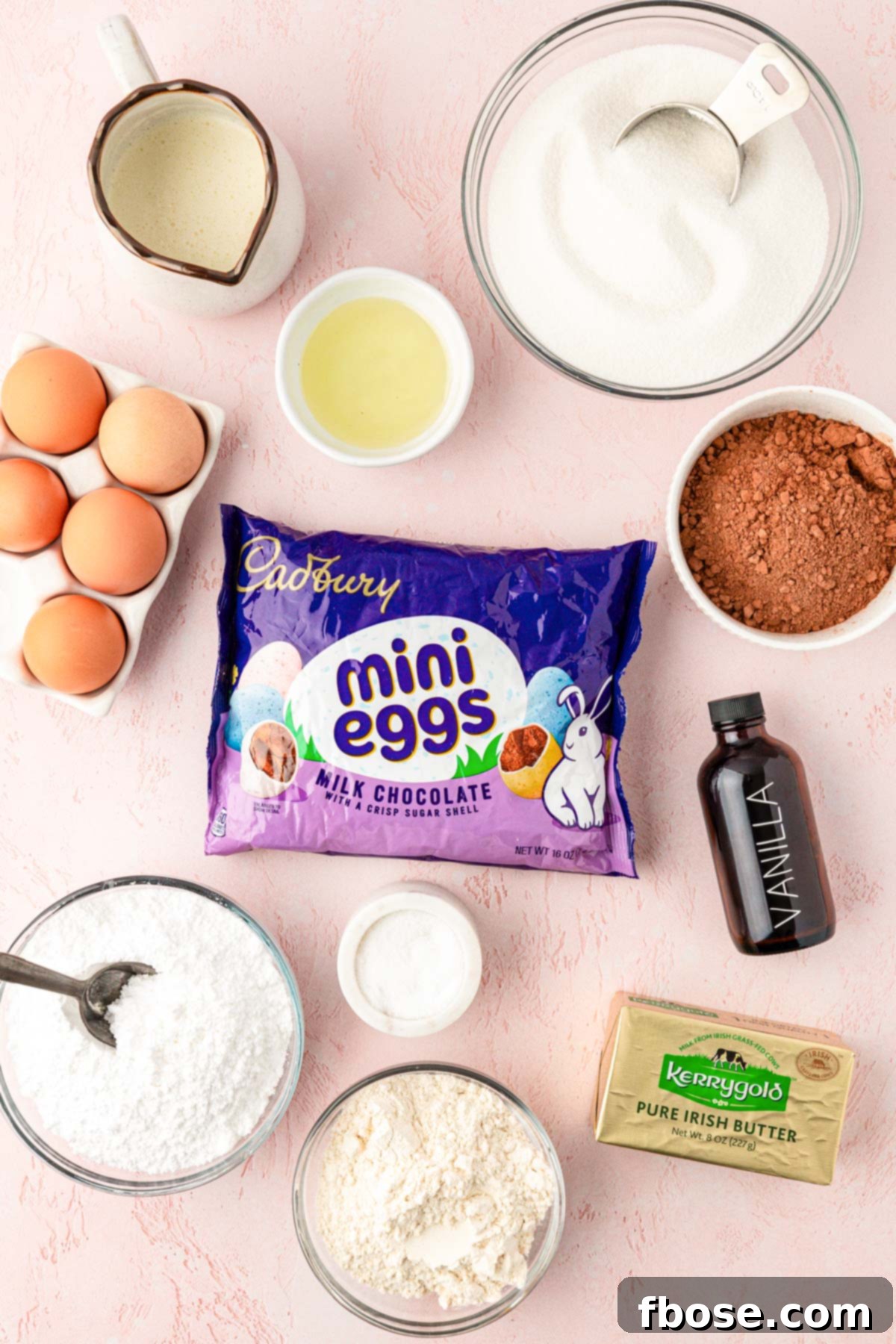 Molten Cadbury Egg Brownies 3 Overhead photo of all the ingredients laid out neatly on a table, ready to make Cadbury Egg Brownies.
