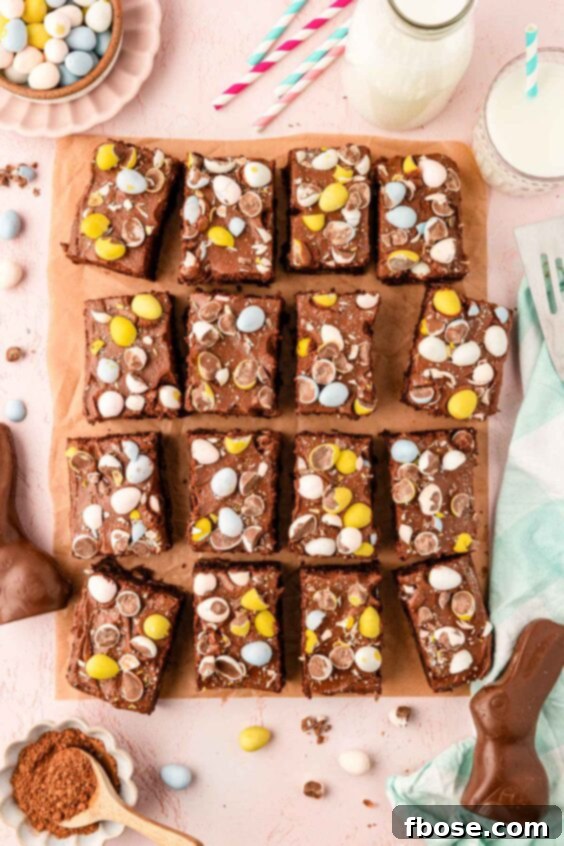 Molten Cadbury Egg Brownies 23 Overhead photo of sliced cadbury egg brownies.