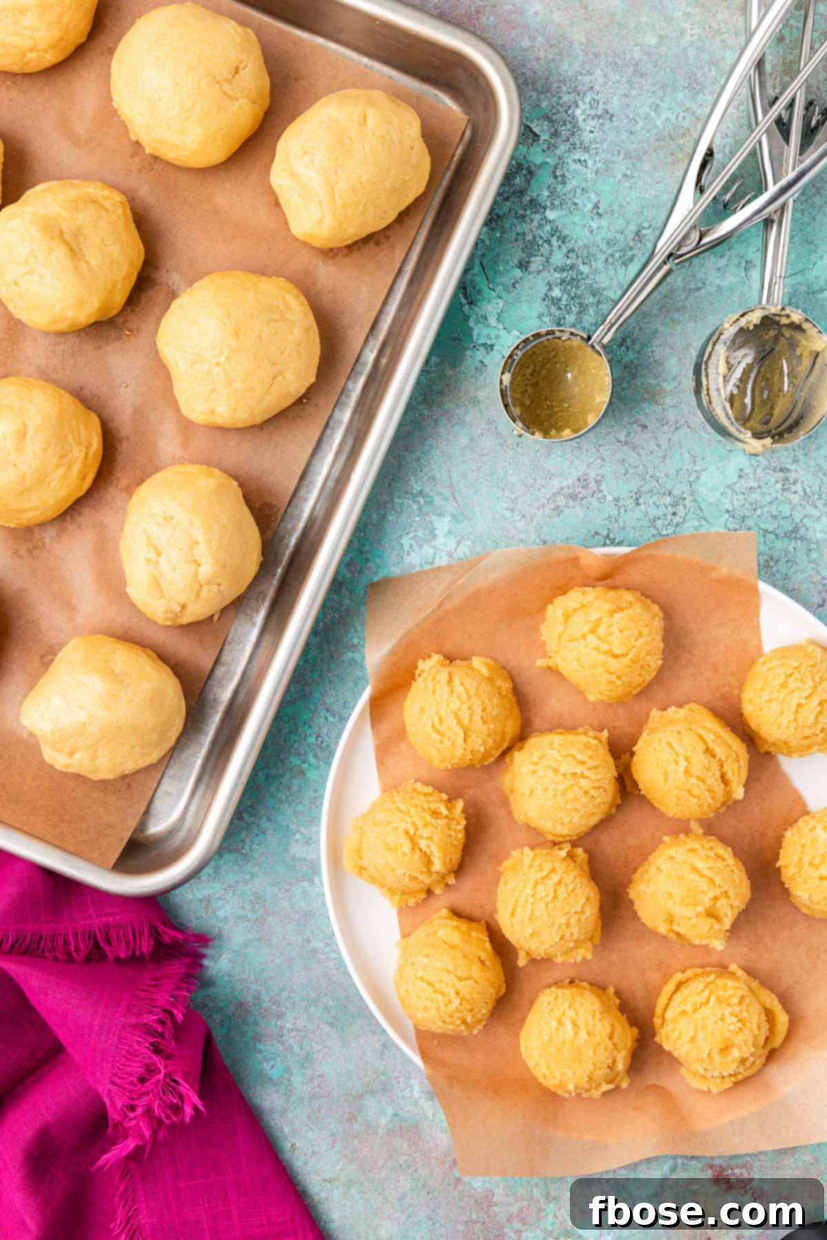 Flaky Almond Cookie Delights 4 Overhead photo of balls of cookie dough and filling on a plate and pan.