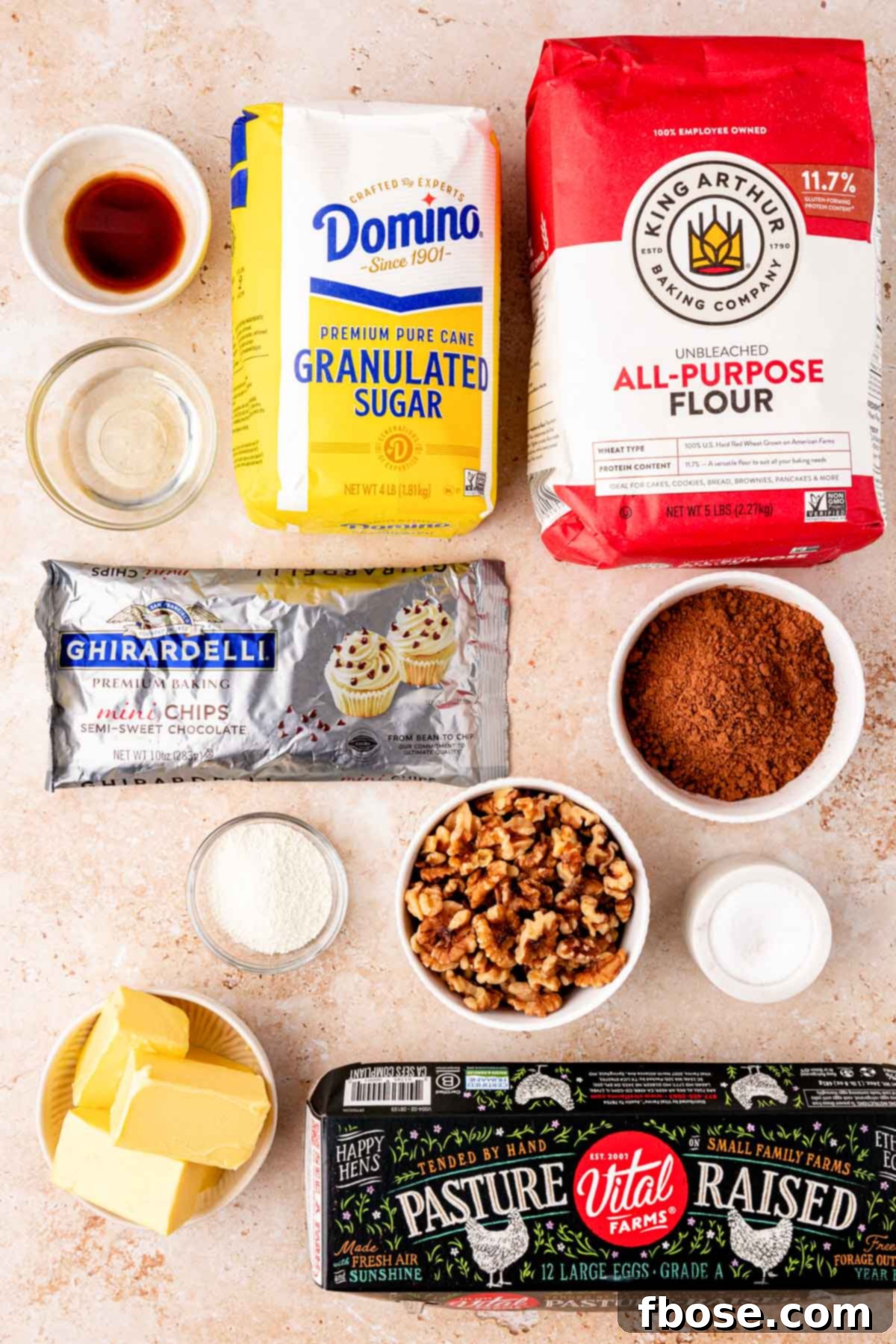 Overhead photo of ingredients to make brownies with walnuts.