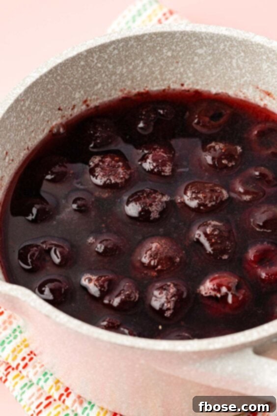 Cherries, sugar, and water in a pot to make syrup.