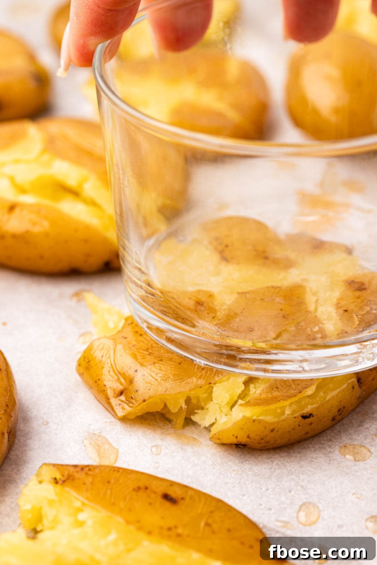 Potatoes being smashed with a cup after baking.