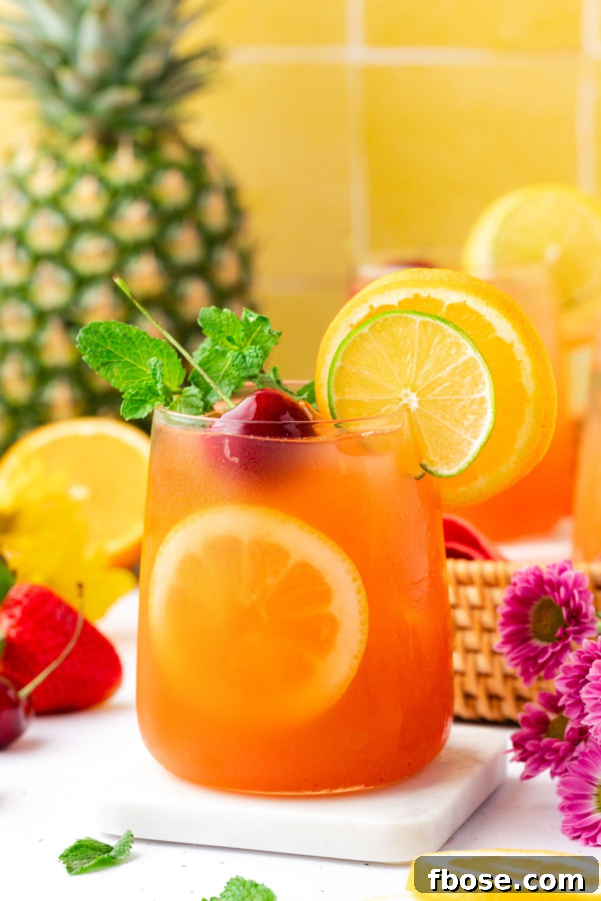 Close up of a glass filled with summer party punch.