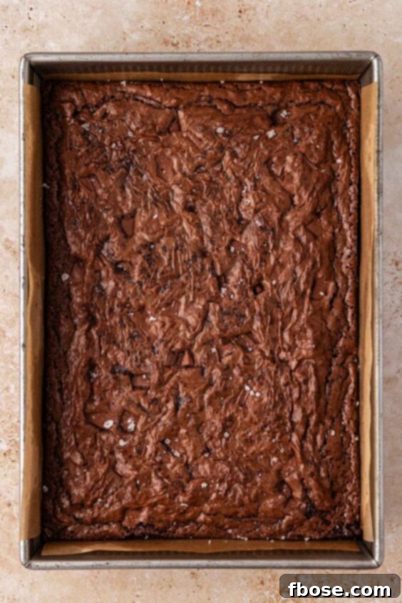 Baked pan of brownies sitting on a table.
