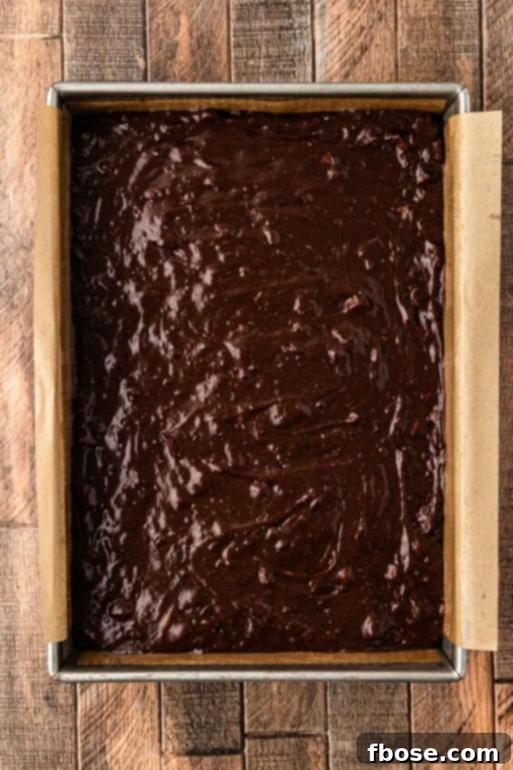 Brownie batter in a 9x13-inch pan ready to bake.