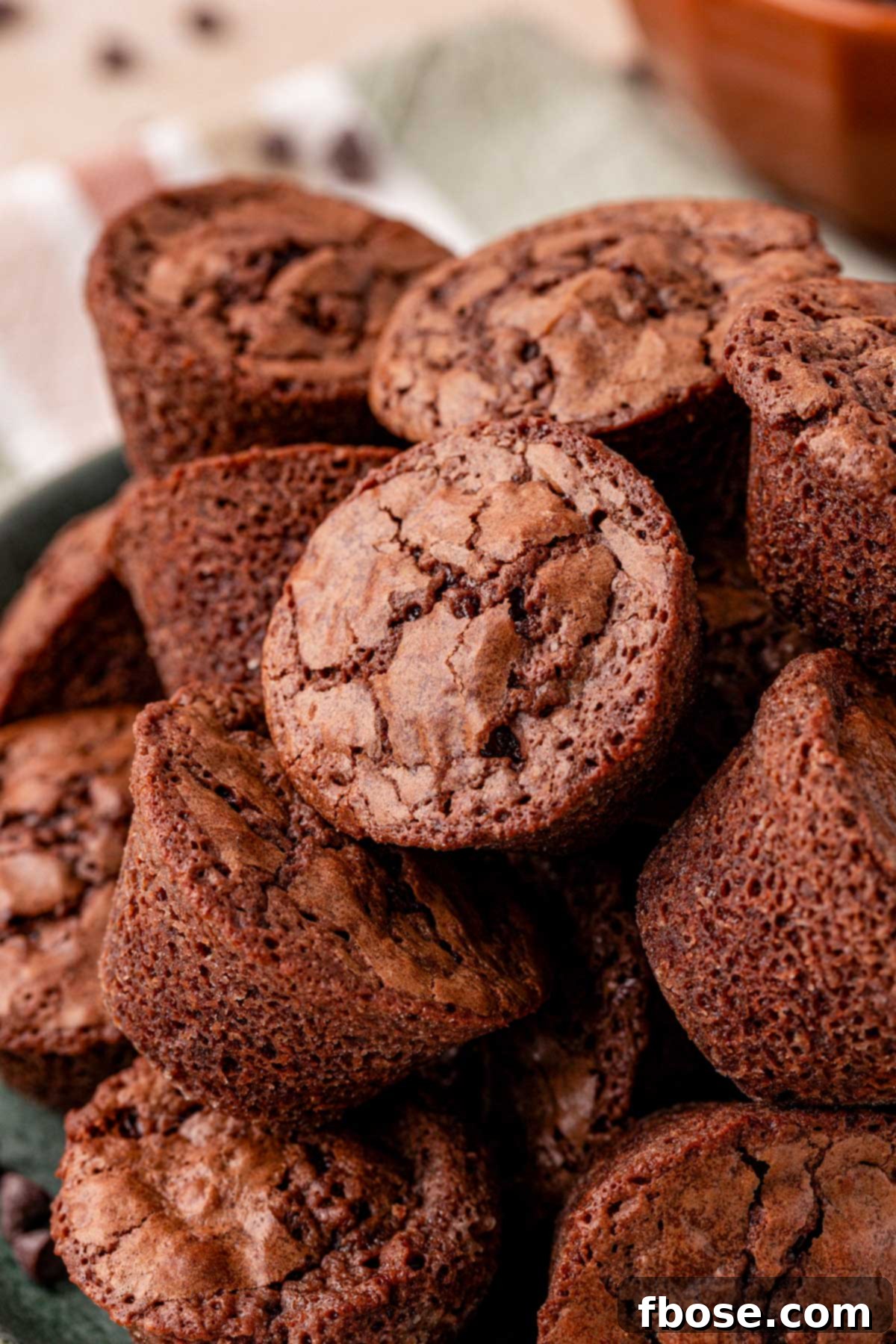 Close up of homemade brownie bites piled on a plate.