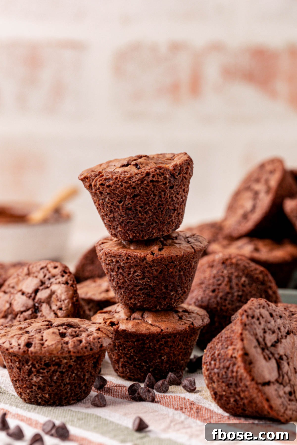 Three brownie bites stacked on a table with others around them.