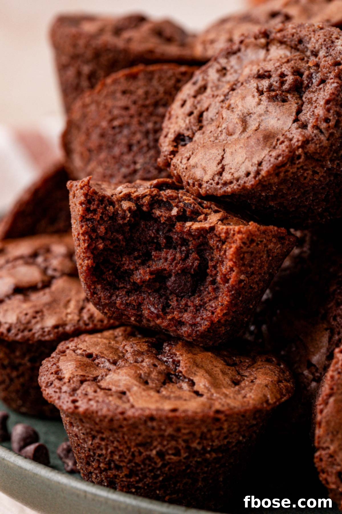 Close up of a pile of brownie bites, one is missing a bite out of it.
