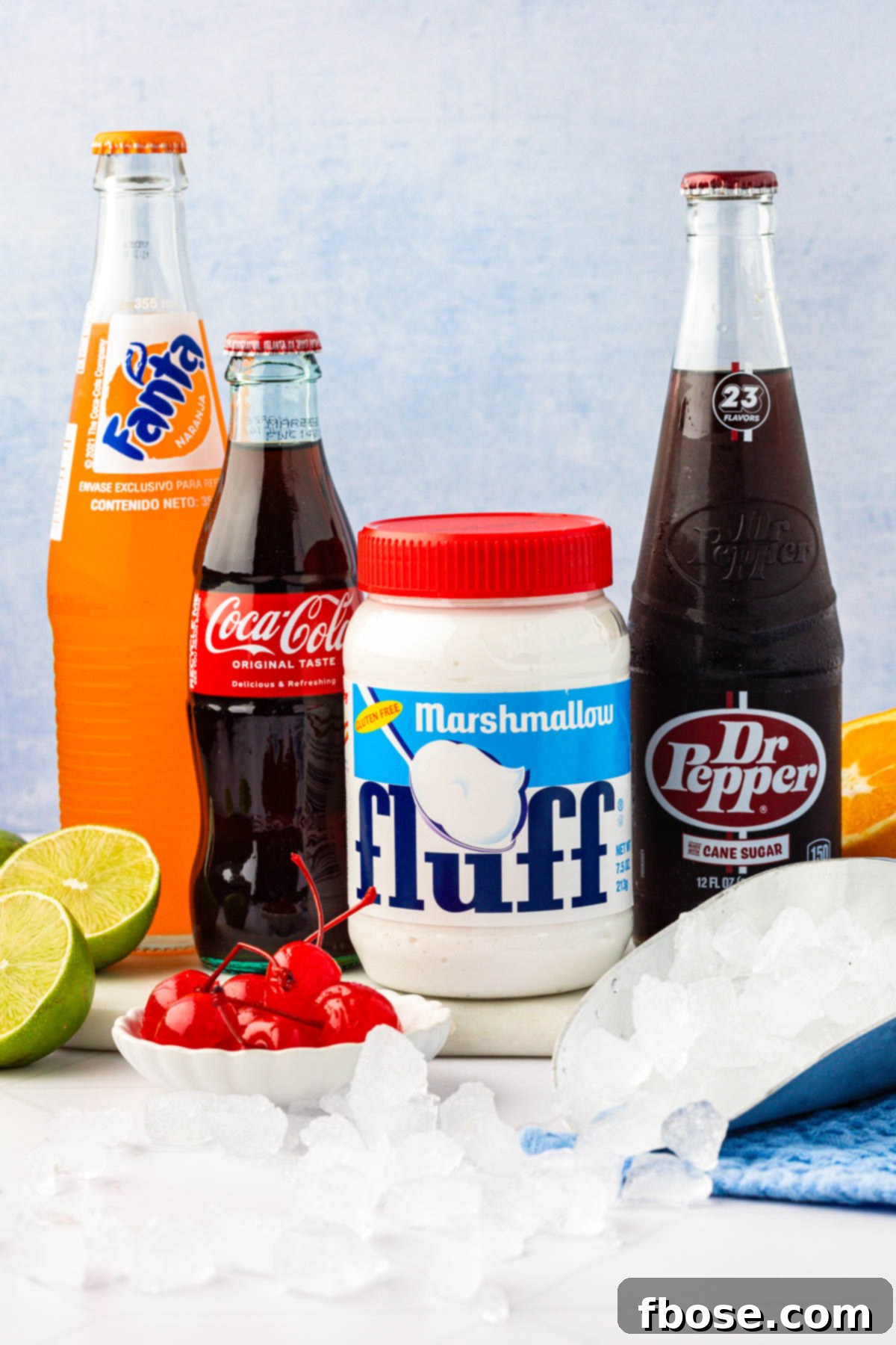 Ingredients to make fluffy soda on a table.