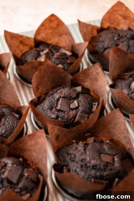 Close up of chocolate chunk muffins in a pan.
