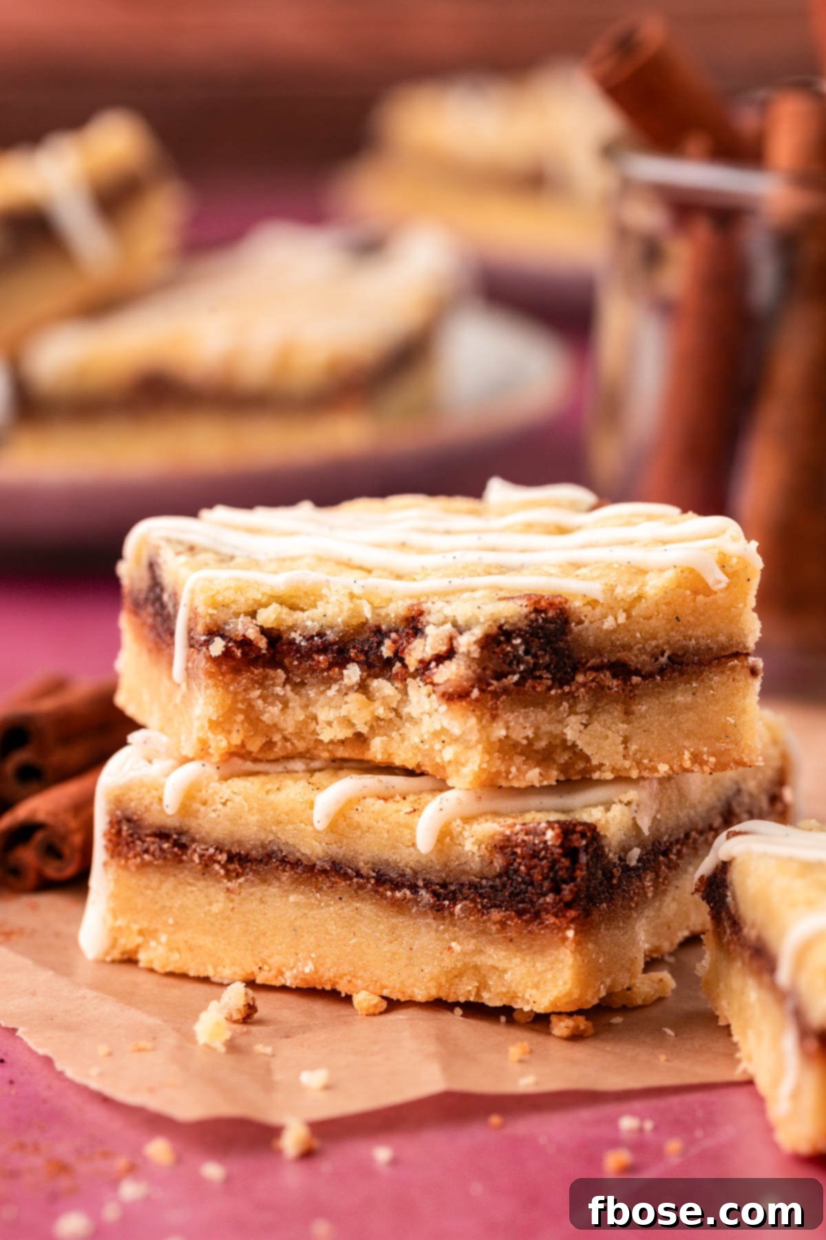 Close up of cinnamon roll shortbread cookies bars on a table.