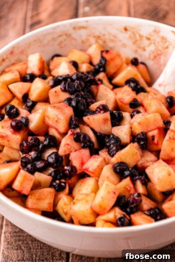 Warm Blueberry Apple Crisp 13 Blueberries and apples being stirred in a bowl with ingredients to make apple crisp.