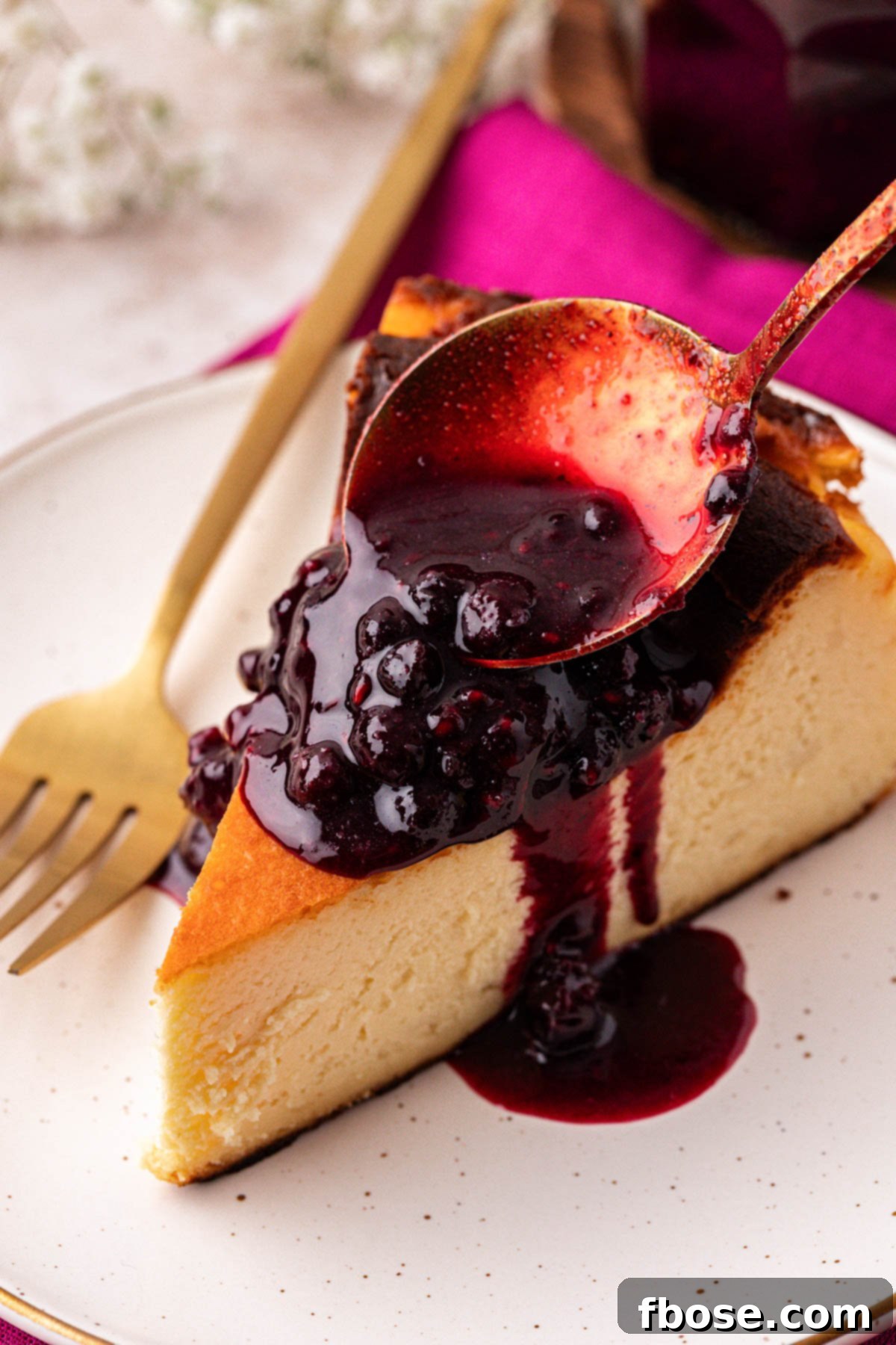 Rich berry compote is delicately spooned over a pristine slice of cheesecake, creating an irresistible dessert presentation.