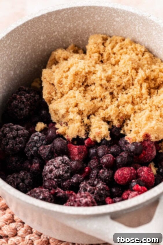 Ingredients for mixed berry compote in a pot ready to cook.