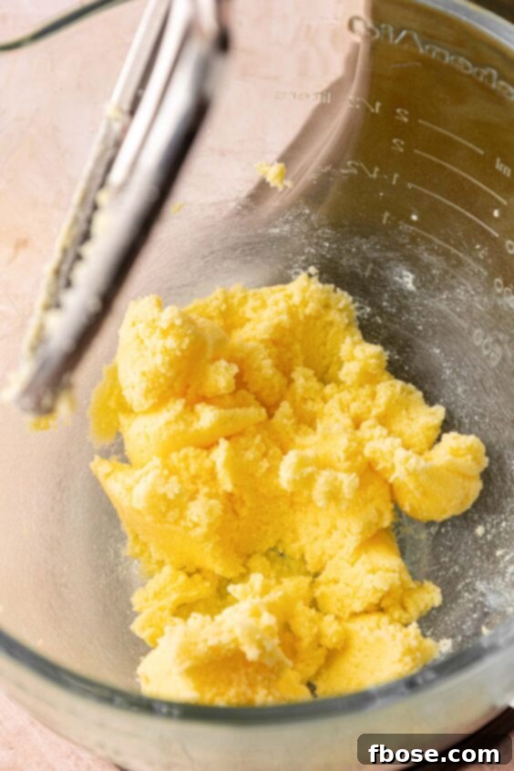 Butter and sugar being creamed in a glass mixing bowl.