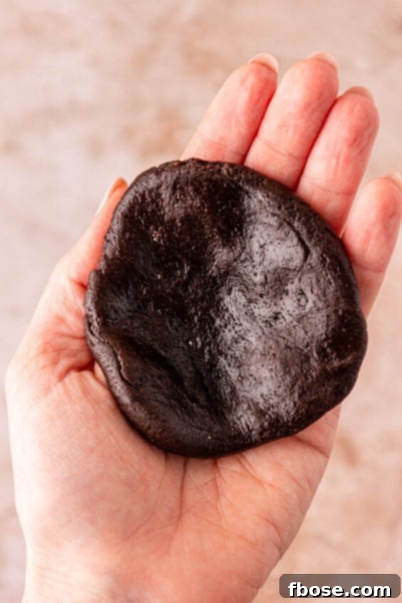A circle of chocolate cookie dough in a woman's hand.