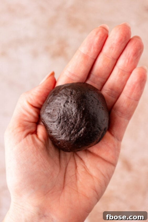 A ball of chocolate cookie dough in a woman's hand.