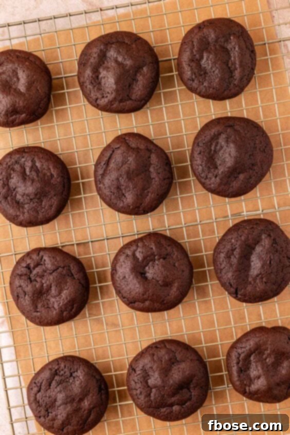 Chocolate cookies cooling on a wire rack.