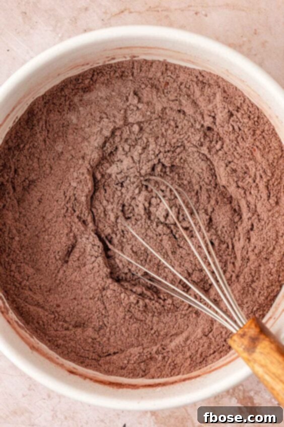 Dry ingredients for chocolate cookies being whisked in a white bowl.