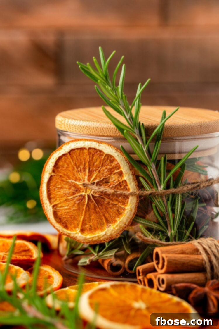 Oven-Dried Orange Slices 9 A glass jar elegantly adorned with a dried orange slice and sprigs of fresh rosemary, tied with twine.