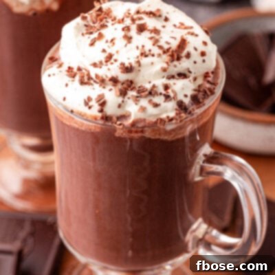 Close up of a mug of Tini's Hot Chocolate, topped with whipped cream.