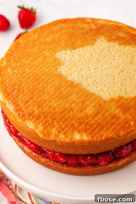 Two round vanilla cakes with strawberry filling in the middle.