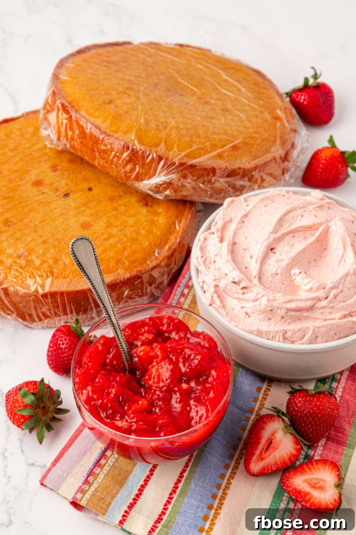 Bowls of strawberry cake filling and strawberry frosting and two round vanilla cakes on a table.
