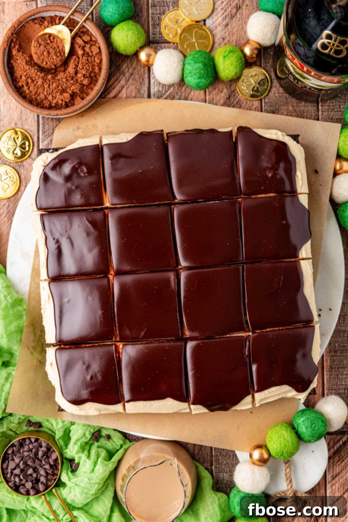 Overhead photo of Irish Cream Bailey's Brownies on a table.