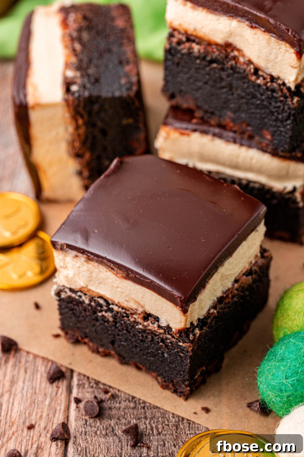 Close up of a brownie with Bailey's frosting and ganache on top.