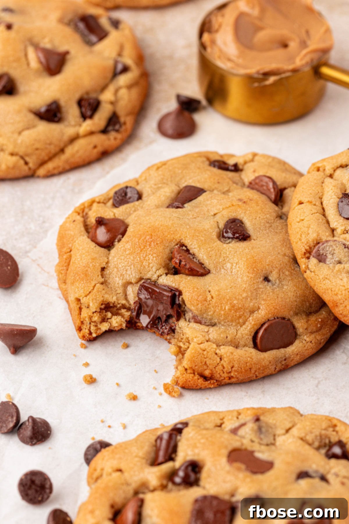 Chocolate Chunk Cookie with a bite missing from it on a counter, with more cookies artfully arranged around it.