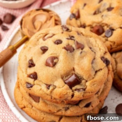 Close up of a stack of peanut butter chocolate chip cookies.